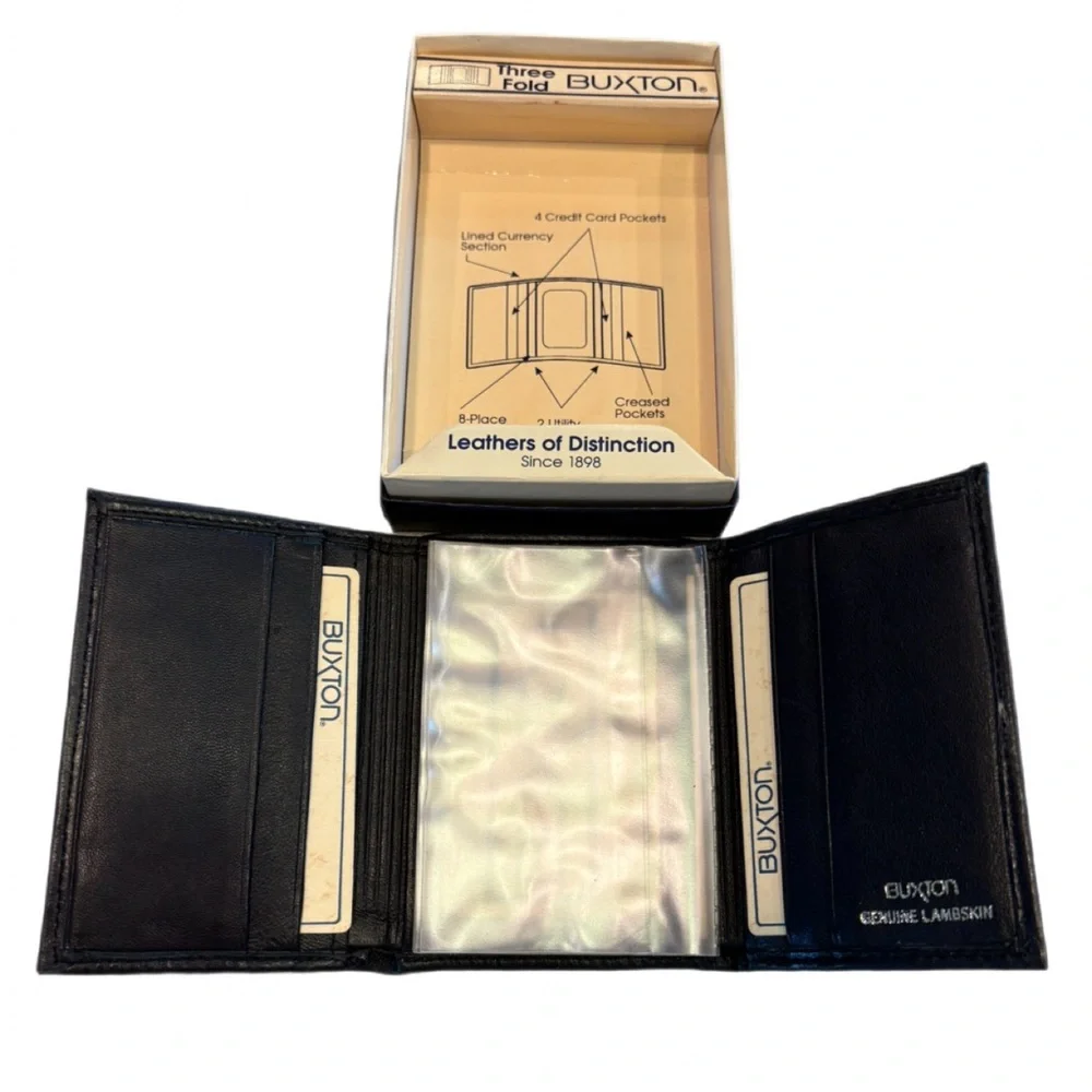 Buxton Genuine Lambskin Leather Trifold Wallet Black NWT Gift Box